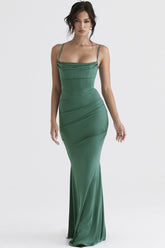 Vintage Maxikleid mit eckigem Ausschnitt, gerüschtem Korsett und Fischschwanz - Grün